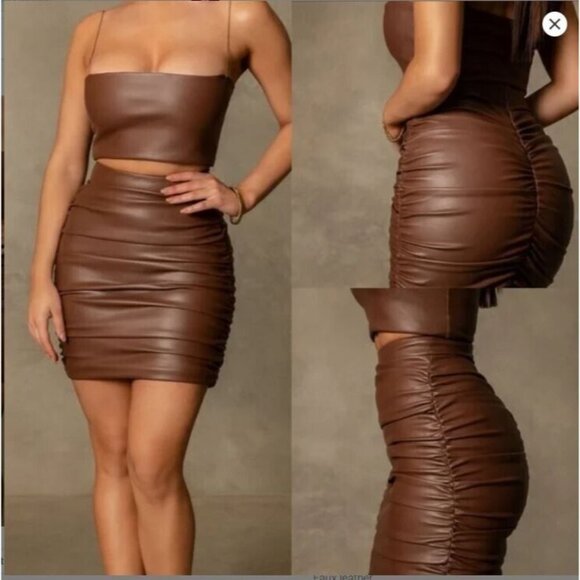 Meshki Dresses & Skirts - Meshki Ruched Bodycon Naomi Mini Skirt Size XS Chocolate Brown Faux Leather